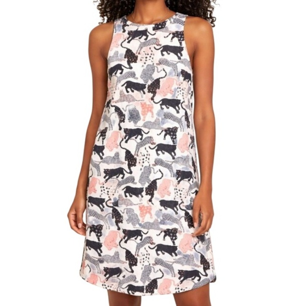 H&M Women's 8 Cream Black Pink Jungle Cat Print Sleeveless Shift Mini Slip Dress